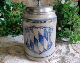 RARE  New German Salt Glazed Westerwald Ceramic Lidded Beer Stein w/Cobalt Blue Design HR-Numbered on Bottom & COA