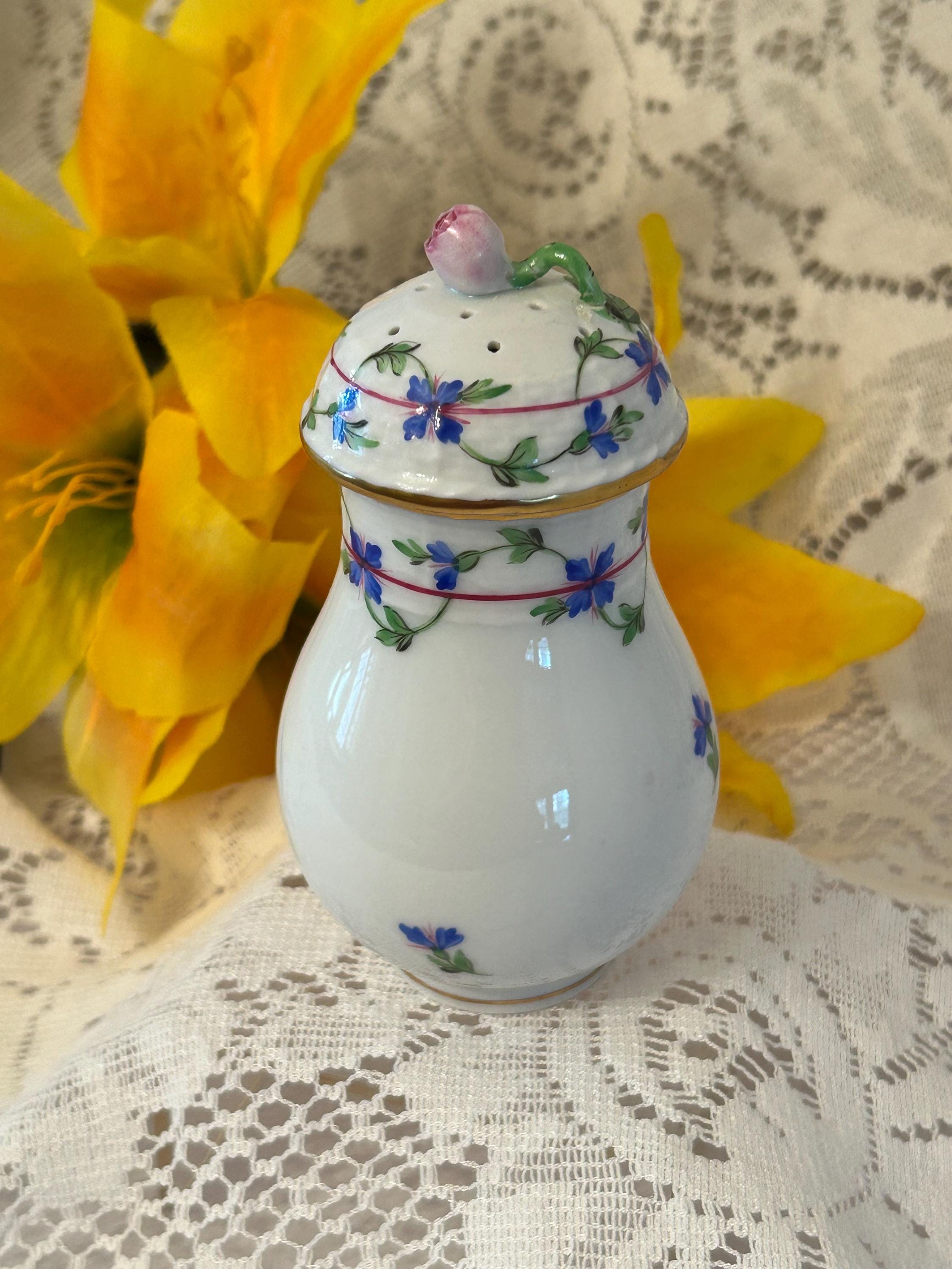HEREND Porcelain Sugar Shaker 2 Pc BLUE GARLAND Pink Rose Finial