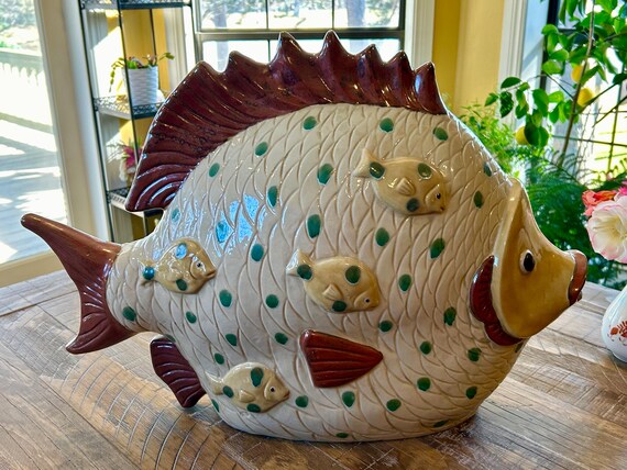 カリブ海の大きな壷 HUGE Vintage Pottery Art Hand Painted Fish 24
