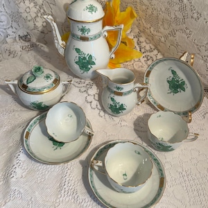Herend 7pc Tea Mocha Expresso Tea For Two Set-tête-à-tête Green Chinese Bouquet Apponyi 7" Tea/Mocha pot-Lidded Sugar-Milk Jug-cups saucers