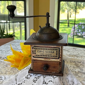 Decorative 9.5&quot; French Sanka Hand Crank Coffee Grinder~Vintage Peter Dienes (PeDe) Wood and Tin German Coffee Mill Metal Dome Lid
