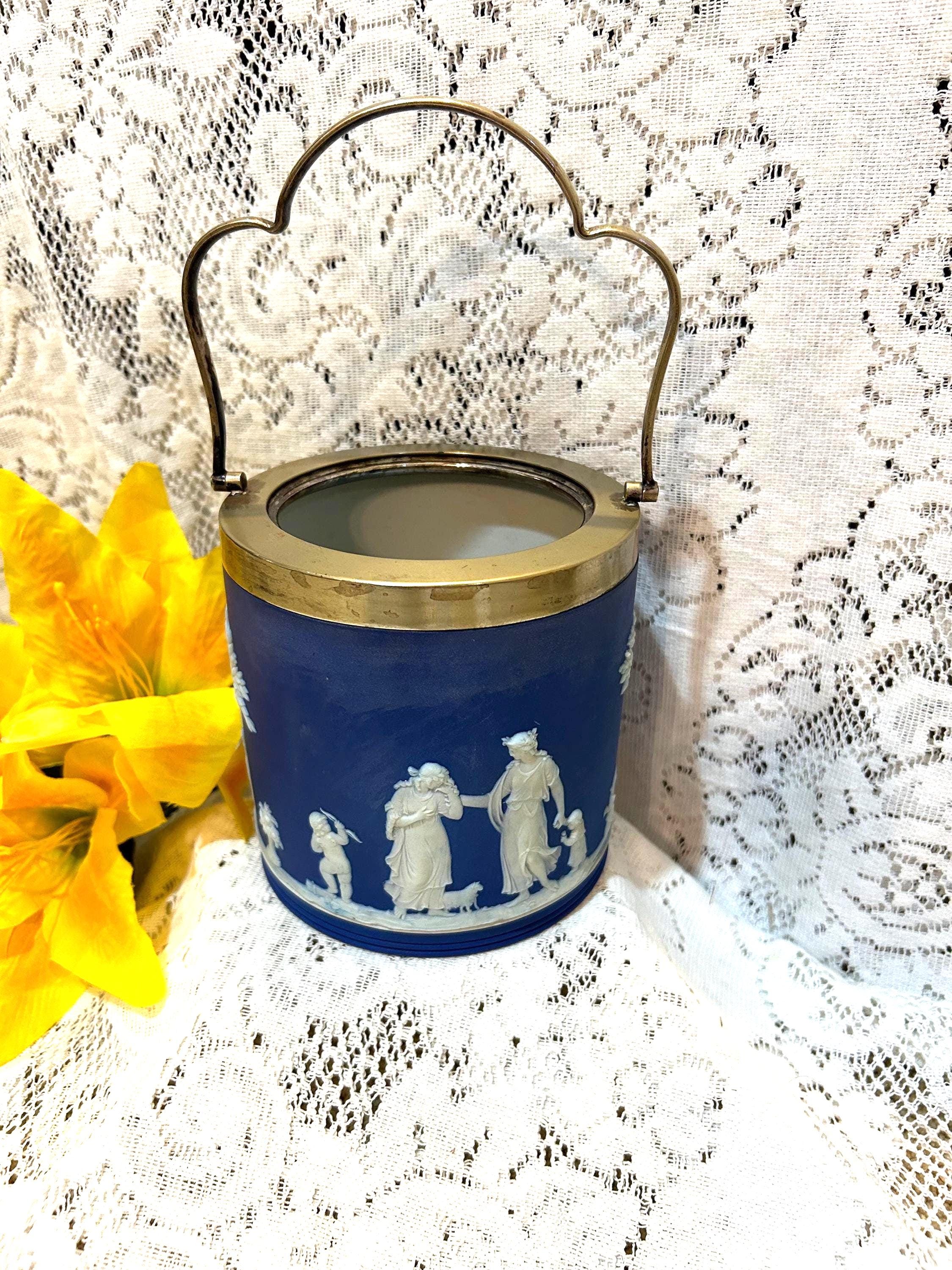 Wedgwood Blue Dip Biscuit Barrel - Ice Bucket W/epns Silver Rim