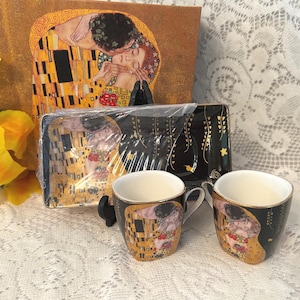 Gustav Klimt BLACK The Kiss New Boxed Fine Bone China Black Express Coffee Set 2 Cups & 2 Trays New in Box The Gustav Klimt Collection