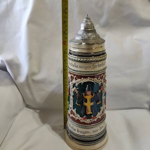 TheWalt 15&quot; Antique The Münchner Kindl Munich Child Pewter Lidded Beer Pouring Pitcher Tree Branch Handle Signed Numbered 1920 Mark