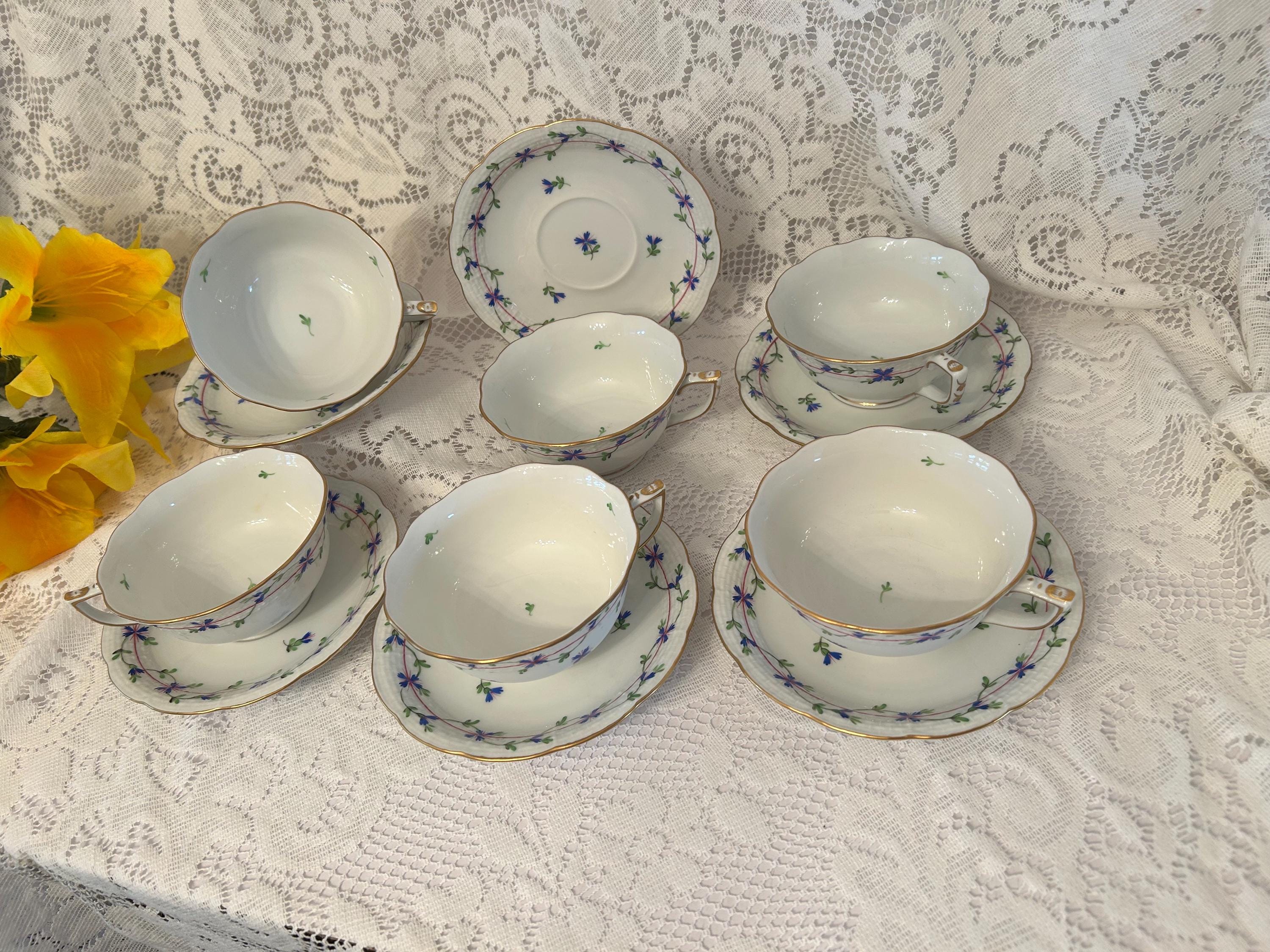 Herend Cornflower Blue Garland Cup & Saucer Set-wavy Edge 6 Oz Tea