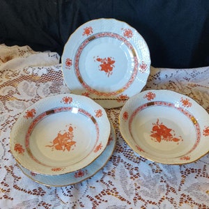 Herend Soup Bowl #3301 and Matching Plate #1516 Herend Rust Apponyi Chinese Bouquet  6.5" wide Soup Bowl Herend 7" Dessert Plate