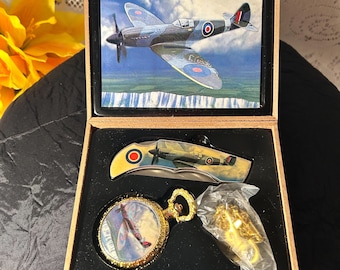 BOXED Battle of Britain RAF Spitfire Celebration Pocket Watch and Knife Set by Flint Collectables in Lidded Wood Case