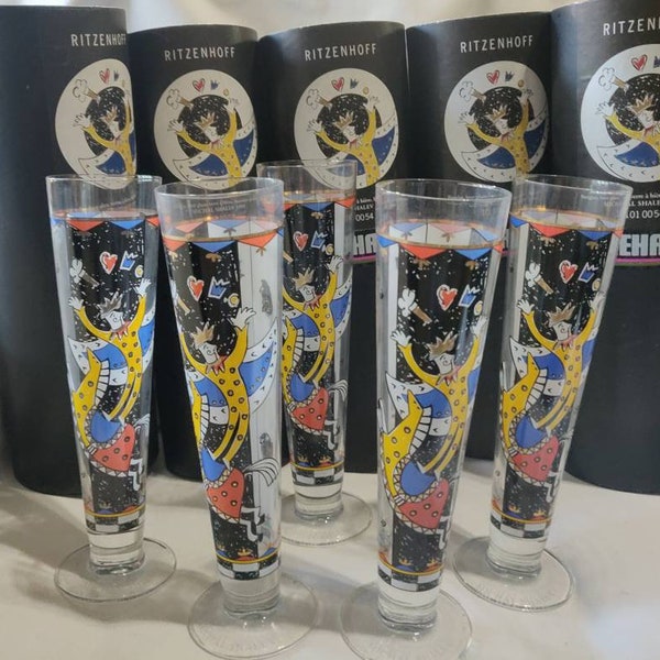 New in Box German RITZENHOFF Beer Glass Michal Shalev 1999 REHAU Glass Pilsner Beer #1010054 In Original Box w/Matching Coasters