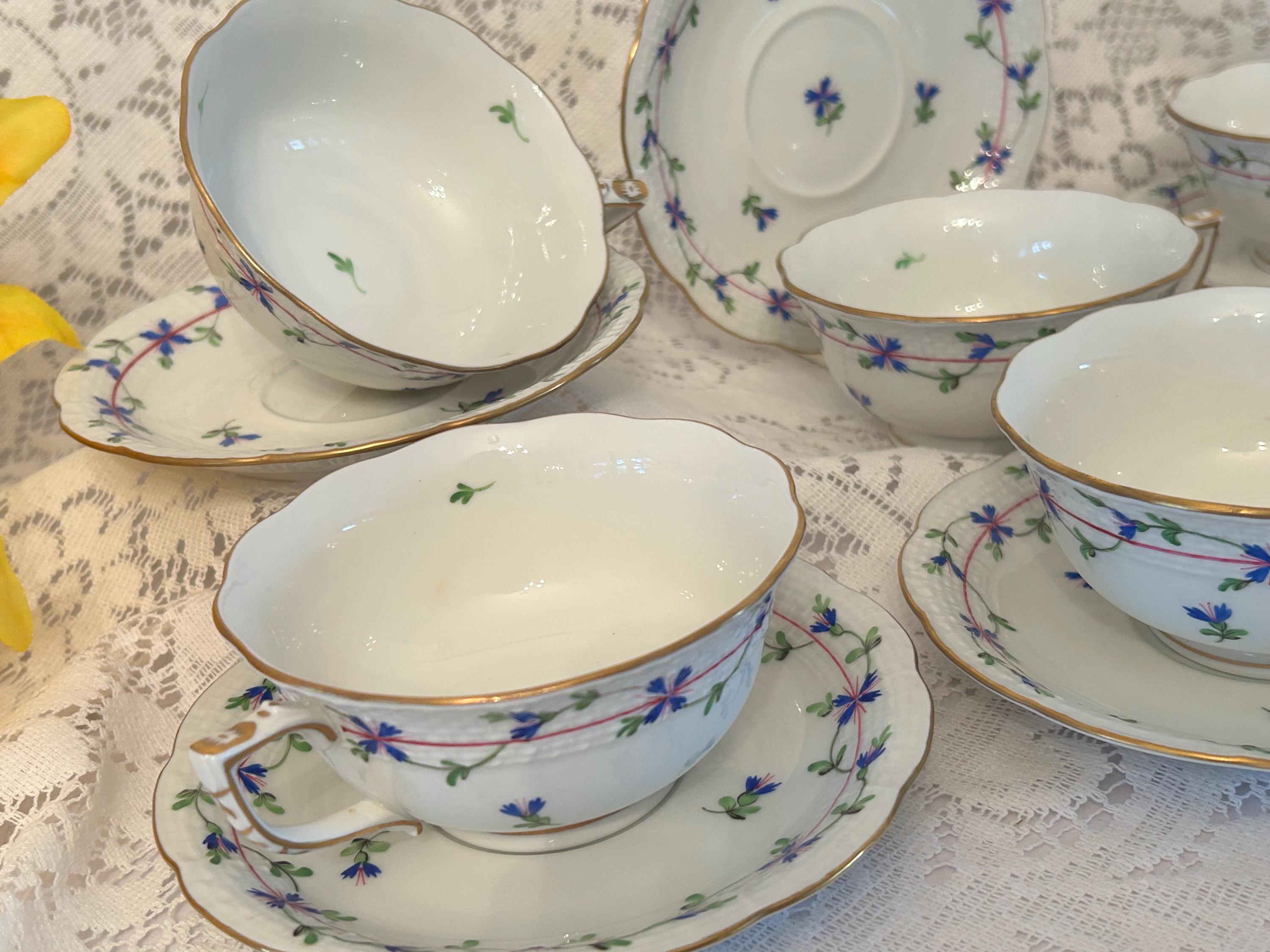 Herend Cornflower Blue Garland Cup & Saucer Set-wavy Edge 6 Oz Tea
