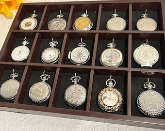 15 Various Pocket Watches in Beautiful Wood Velvet Showcase Box