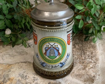 Gerzit W. Germany Schutzengesellschaft "Rifle Club" 100 Year Green Earthenware Lidded Beer Stoneware Stein w/Round Shields Handle