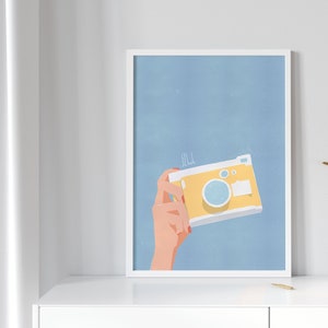 summer poster with camera, make a photo poster, pop art, flat illustration, simple wall art, minimalist, blue and yellow