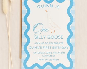One Silly Goose Birthday Invitation – Editable Template | First Birthday Invite | Blue Gingham Goose Theme | Instant Download