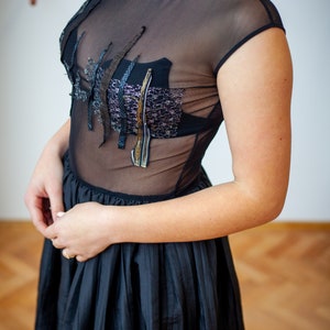 Black tafta and tull evening dress with handcrafted details image 3