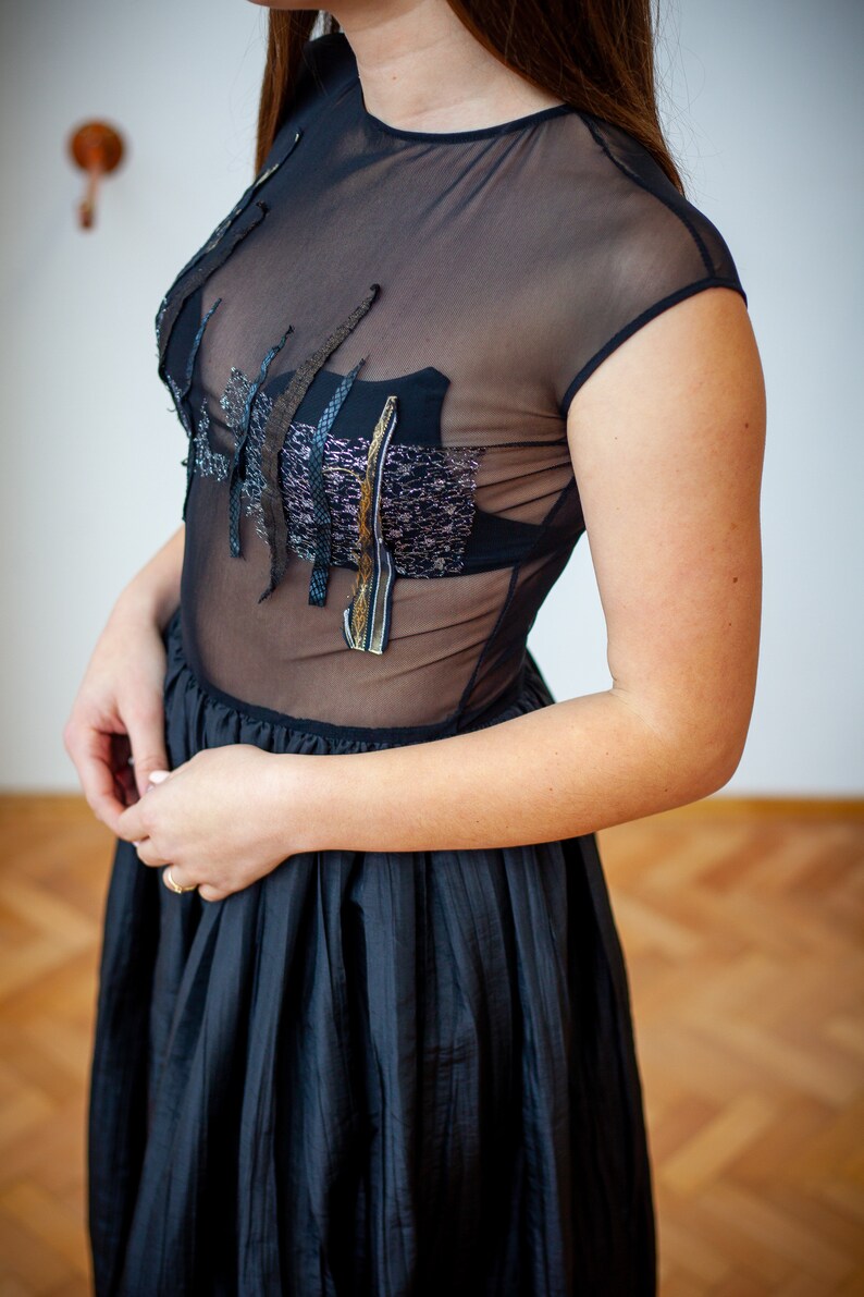 Black tafta and tull evening dress with handcrafted details image 3