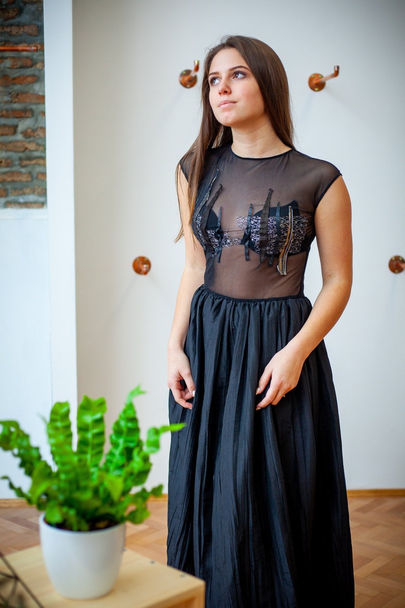 Black tafta and tull evening dress with handcrafted details image 1