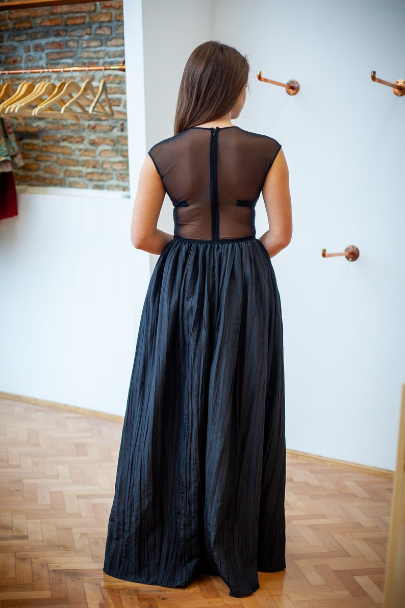 Black tafta and tull evening dress with handcrafted details image 6