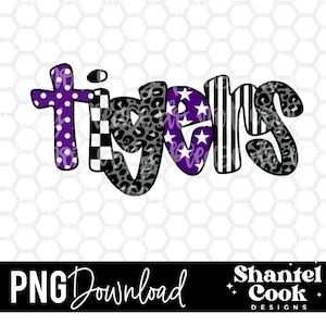 Purple Tigers Cheetah Polka Dot Digital Download PNG, Design for Sublimation, DTF Printable Clipart, Mascot Spirit Wear, School Team Shirt