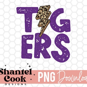 Purple Tigers Lightning Bolt Digital Download PNG, Design for Sublimation, DTF Printable Clipart Transfer, Spirit Wear, School Team Shirt