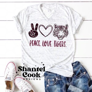 Peace Love Tigers Maroon Cheetah Digital Download PNG, Design for Sublimation, DTF Printable Clipart, Mascot Spirit Wear, School Team Shirt