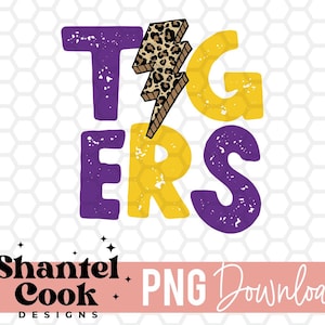 Purple & Yellow Tigers Lightning Bolt Digital Download PNG, Design for Sublimation, DTF Printable Clipart, Spirit Wear, School Team Shirt