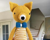 Yellow fox with blue bow- crochet forest animal-present for boys-handmade fox stuffed fox-softy toy for boy