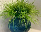 Textured Blue Ceramic Vase with faux grass