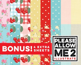 May include: A digital paper pack with 8 different patterns. The patterns include red and white gingham, red with white polka dots, yellow with white polka dots, blue with white polka dots, pink floral, red floral, yellow floral, and blue floral. The text "BONUS! 4 EXTRA SHEETS" and "PLEASE ALLOW ME 2 ILLUSTRATE" is also included in the image.