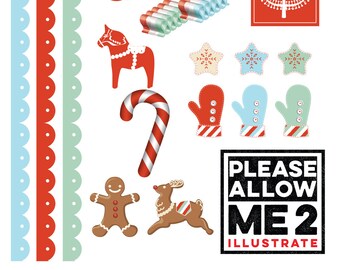 May include: A collection of Christmas-themed illustrations, including a candy cane, a gingerbread man, a reindeer, a star, a mitten, a Christmas tree, a bell, a Dala horse, and a ribbon. The text "Please Allow Me 2 Illustrate" is also included.