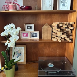 Peut inclure: Une étagère en bois contenant une orchidée blanche dans un pot vert clair, un tourne-disque noir, plusieurs impressions encadrées, un bol en verre rouge, une petite sculpture de maison en bois et une structure en blocs de bois géométriques.
