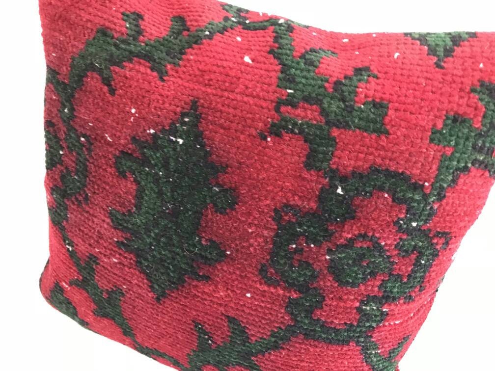 Vintage Pillow Cover, Handmade Decorative Turkish Vintage Wool Kilim