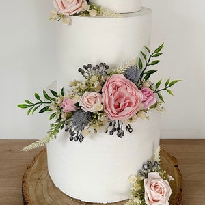 FULL SET Wedding Christening Cake Flower Arrangement Topper & Decorations Roses - Dusty Pink - Blush Pink - Cream - Blue Berry Mix