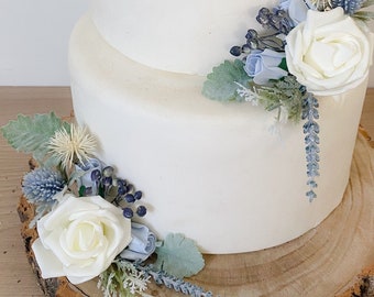 FULL SET Wedding Christening Cake Flower Arrangement Topper & Decorations Roses - Dusty Blue - Thistles - matching bridal bouquets