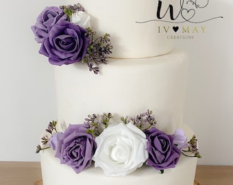 FULL SET Wedding Christening Cake Flower Arrangement Topper & Decorations Roses - mauve - Purple - Dusty
