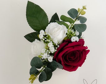 White & Burgundy Silk Roses - Wedding christening cake flower arrangement topper mini eucalyptus roses