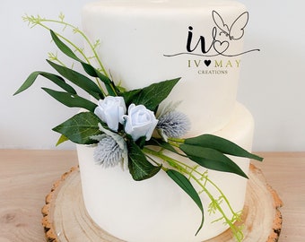 Wedding cake flower arrangement - Pale blue thistles - greenery decorations - cake flowers