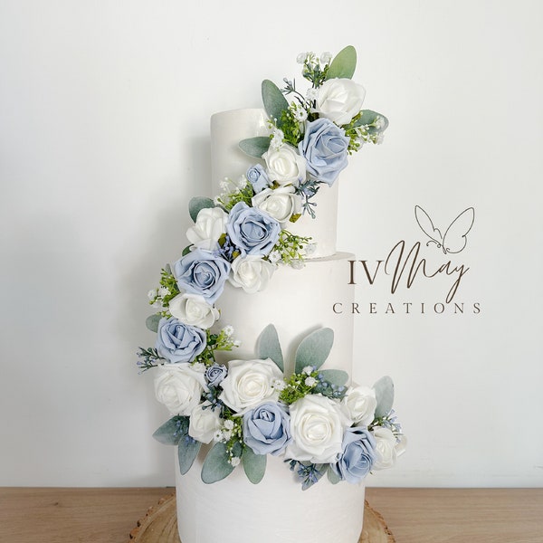 Wedding Christening cake flower arrangement topper Garland Trim Decoration Foam Roses Dusty Blue and white