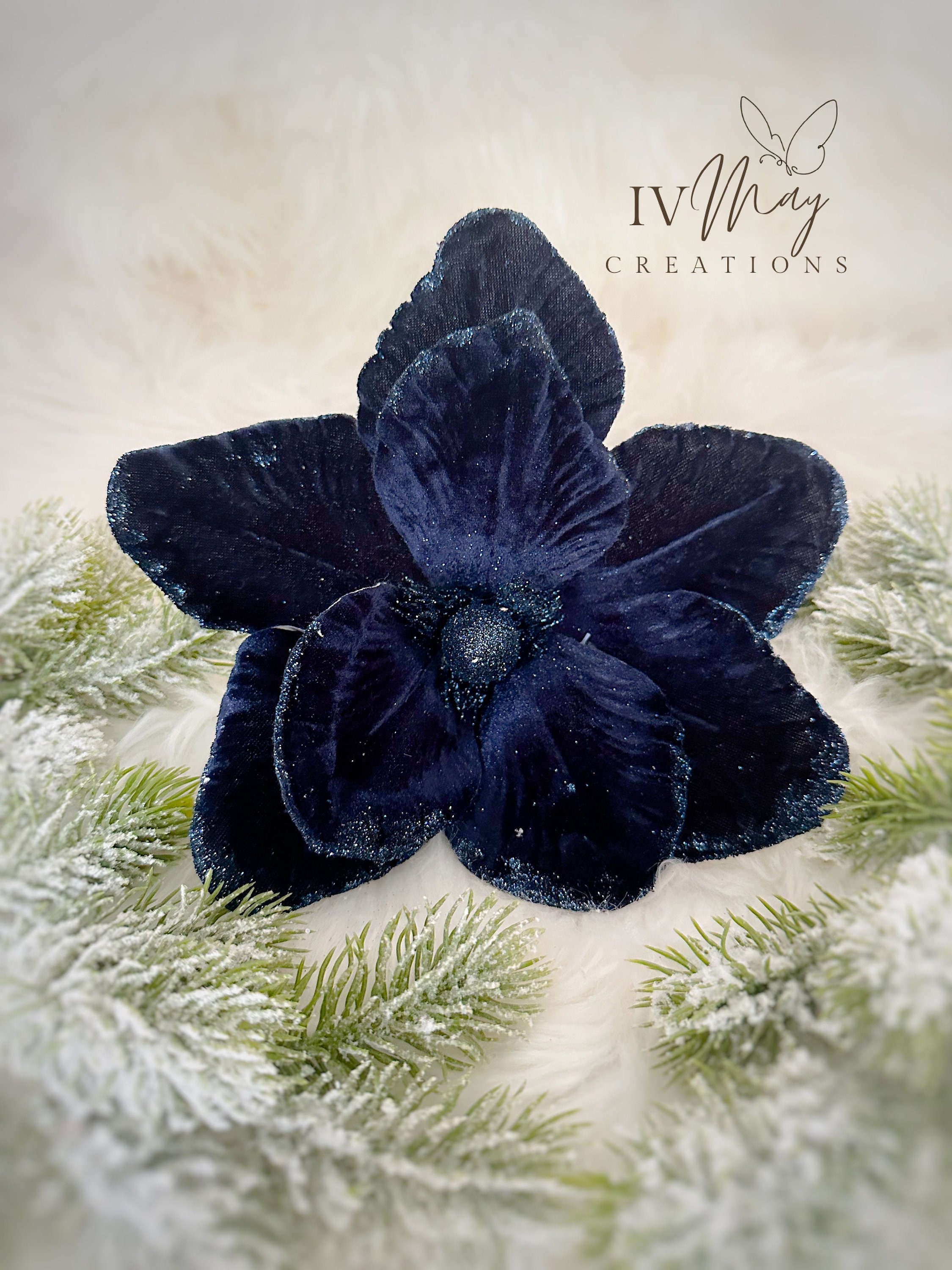 Large 25cm Christmas Tree Clip on Navy Blue Velvet POINSETTIA Etsy UK