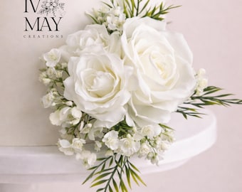 Artificial Cream Rose Cake Flowers – Eucalyptus Wedding Cake Floral Arrangement - Gypsophila Wedding
