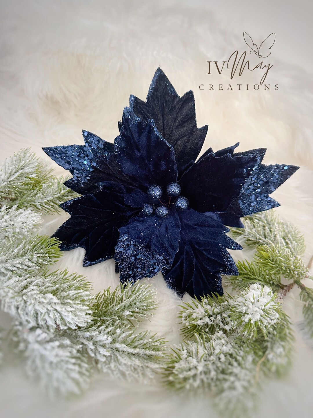 Large 30cm Christmas Tree Clip on Navy Blue Velvet POINSETTIA Etsy UK