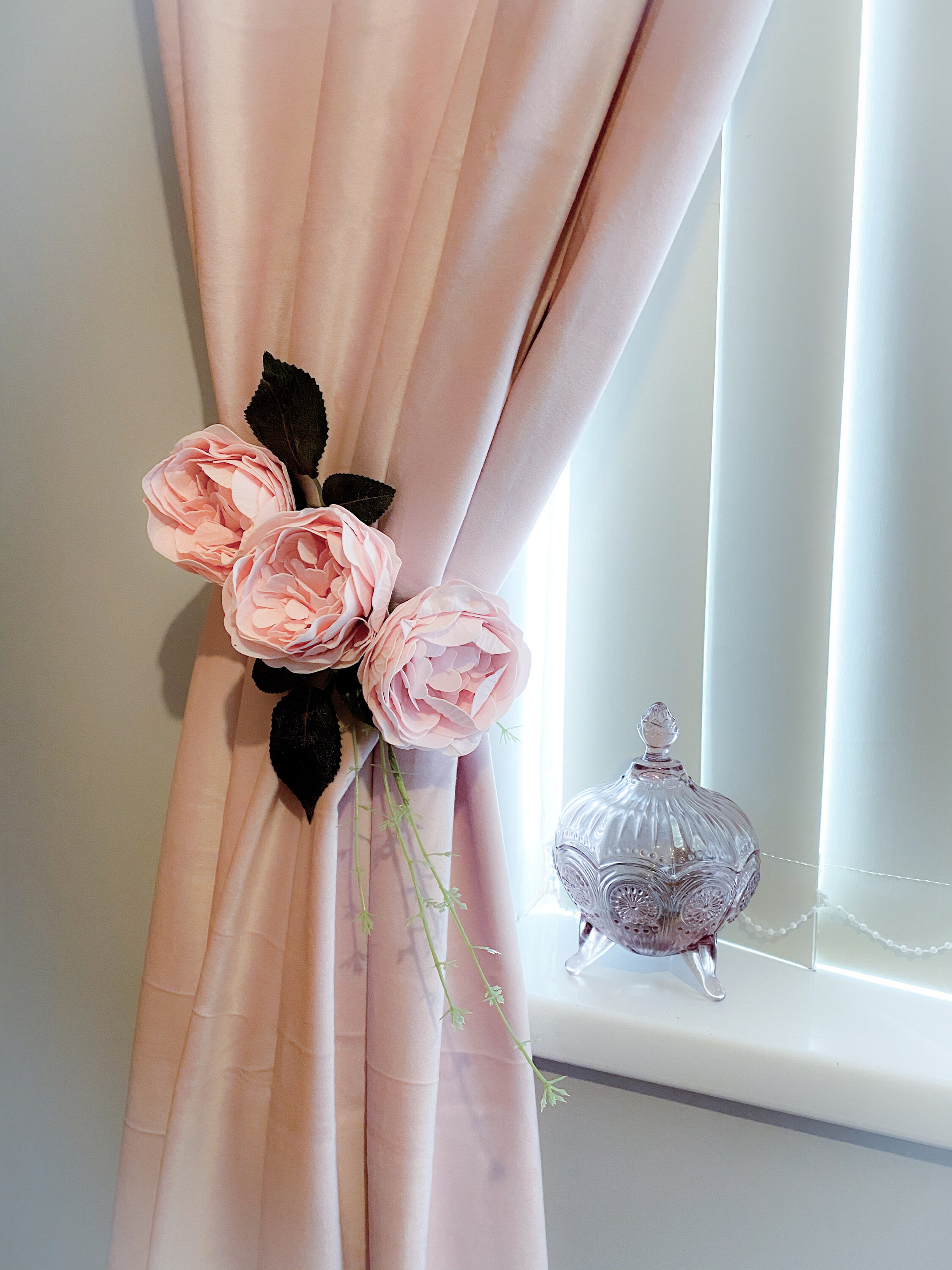 Large Floral Flower Curtain Tie Back Blush Pink ROSE GOLD LEAF Etsy