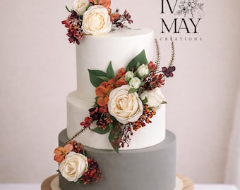 Cake decoration - Cake flowers - Burnt Orange  - Cream - Burgundy - silk roses - Cake topper - With Dried Styled Foliage - Gypsophila