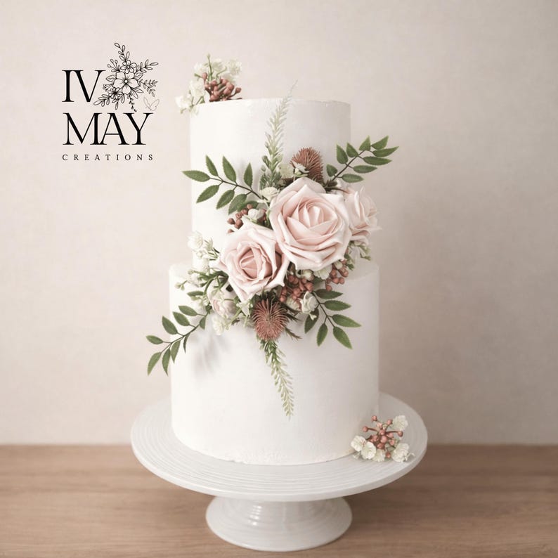 Ivory - Blush Rose Cake Decoration | Gypsophila Bunch & Garland | Wedding Cake Topper Flowers afbeelding 2