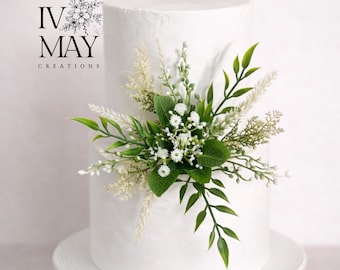 Artificial Foliage Cake Flowers -  Wild Cake Flowers: Boho Style Wedding Cake Topper - Greenery Cake arrangement with gypsophila
