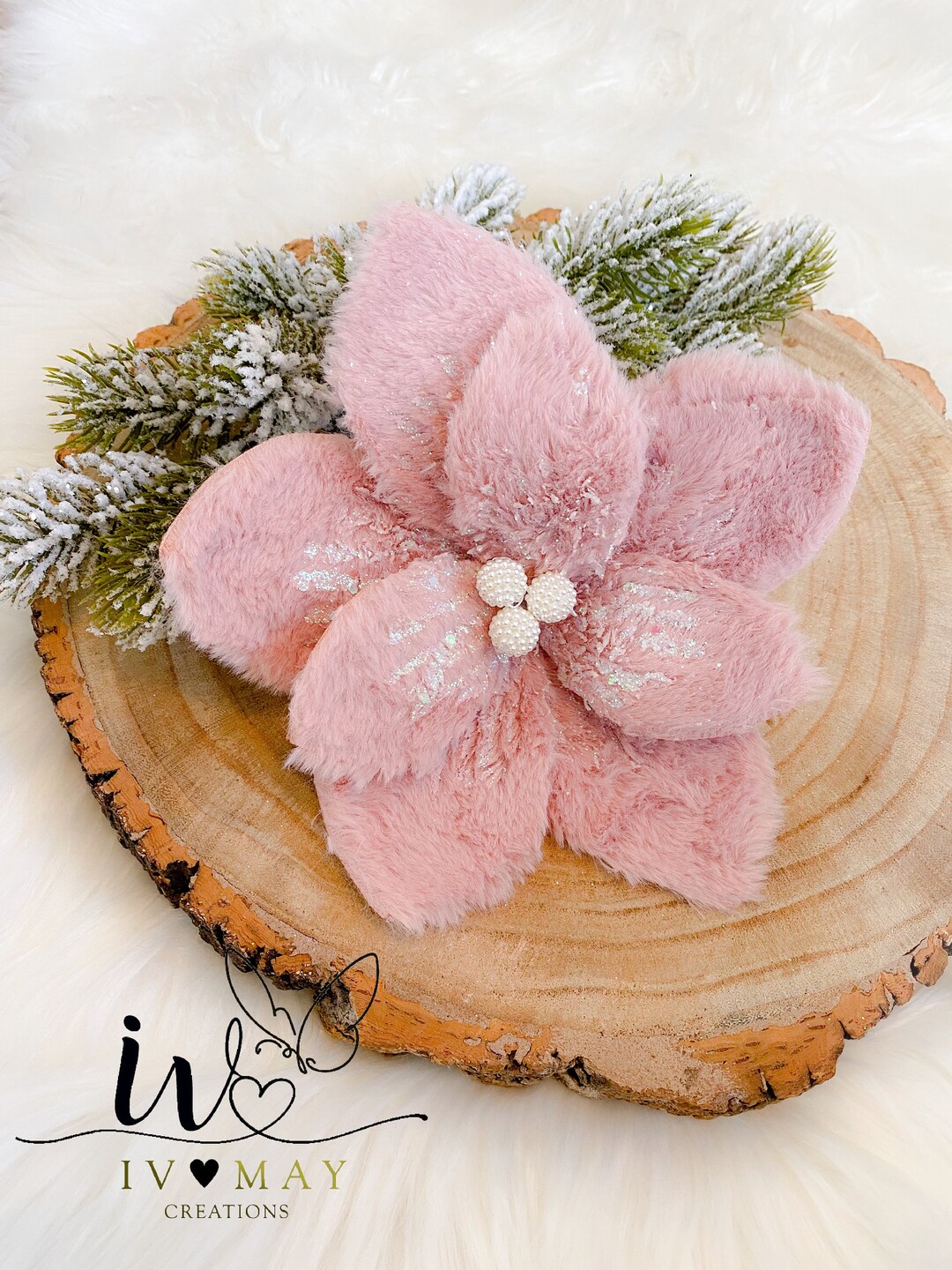 Large 20cm Christmas Tree Clip on FLUX FUR POINSETTIA White Glitter