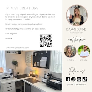 K&ouml;nnte beinhalten: Ein wei&szlig;er und schwarzer QR-Code mit einem gr&uuml;nen WhatsApp-Logo in der Mitte. Der QR-Code ist von einem wei&szlig;en Rahmen umgeben. Der Text "IV MAY CREATIONS" befindet sich oben im Bild. Der Text "DAWN DUNNE BUSINESS OWNER" befindet sich oben rechts im Bild. Der Text "meet the team" befindet sich unter dem Text "DAWN DUNNE BUSINESS OWNER". Der Text "LAURA" befindet sich unter einem Foto einer Frau. Der Text "CALVIN" befindet sich unter einem Foto eines Mannes. Der Text "Follow us!" befindet sich unter den Fotos der Frau und des Mannes. Der Text "@IVMAYCREATIONS" befindet sich unter dem Text "Follow us!" Der Text "www.ivmaycreations.com" befindet sich unten links im Bild.
