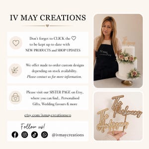 May include: A promotional graphic for IV MAY CREATIONS featuring text about shop updates, custom designs, and social media links. It includes a photo of a two-tier white cake with floral accents and a photo of two wooden custom name cake toppers.