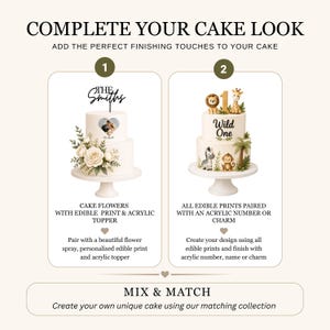 May include: A two-part infographic titled COMPLETE YOUR CAKE LOOK. Section 1 shows a two-tier cake with a heart-shaped photo, white flowers, and a black acrylic topper reading THE SMITHS. Section 2 shows a cake with jungle animal prints and a number 1.