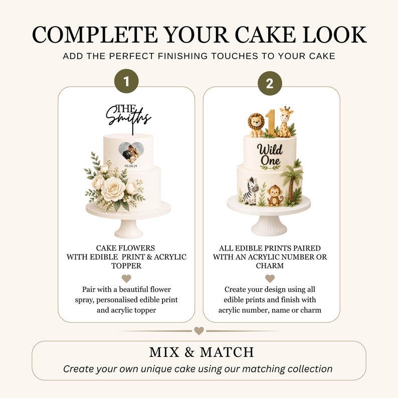 May include: A two-part infographic titled COMPLETE YOUR CAKE LOOK. Section 1 shows a two-tier cake with a heart-shaped photo, white flowers, and a black acrylic topper reading THE SMITHS. Section 2 shows a cake with jungle animal prints and a number 1.