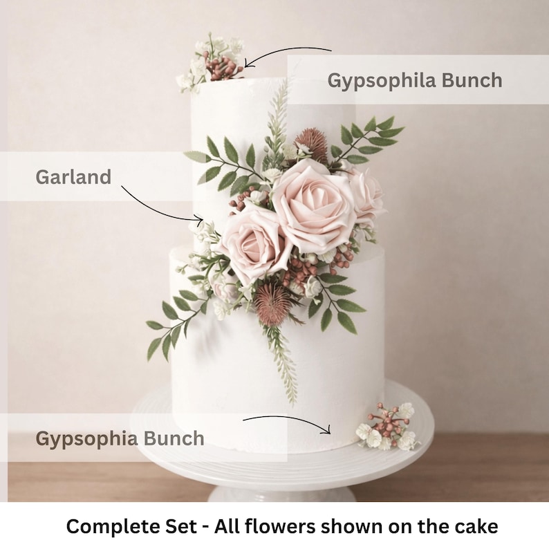 Ivory - Blush Rose Cake Decoration | Gypsophila Bunch & Garland | Wedding Cake Topper Flowers afbeelding 3